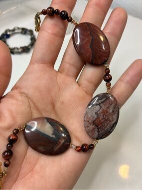 Brown and Deep Red Oval Natural Stone Soft Bangle Bracelet Trending Women’s Chic